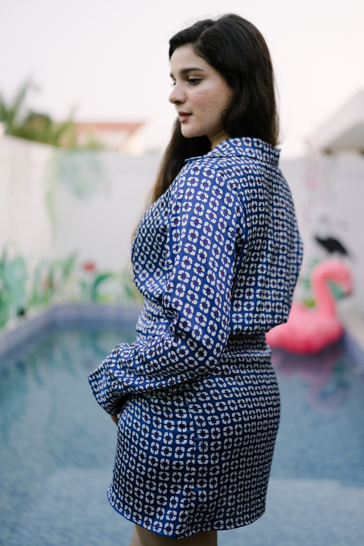 Blue satin shirt dress