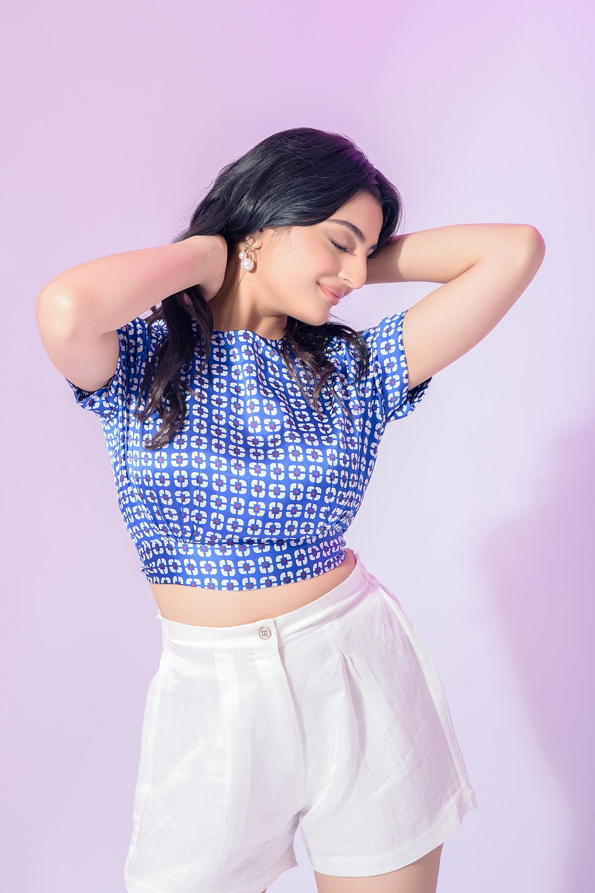 Azure prism blue satin geometric crop top