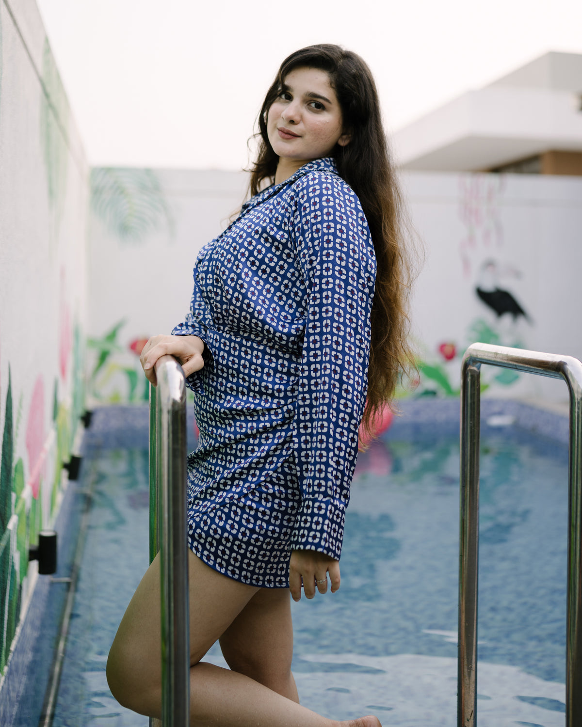 Blue satin shirt dress