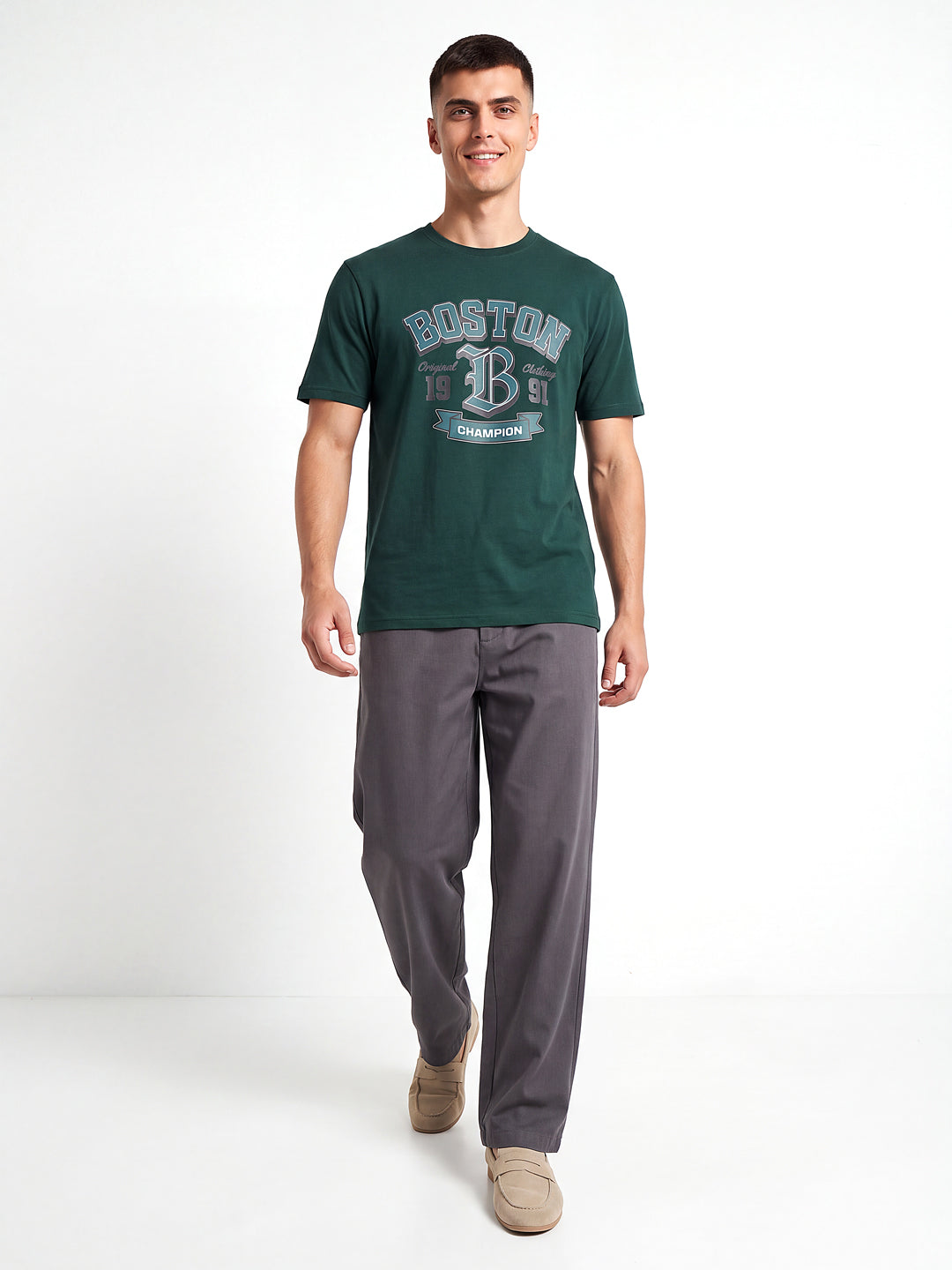 Green Boston Printed Regular Fit T-Shirt