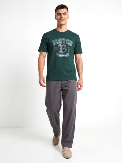 Green Boston Printed Regular Fit T-Shirt