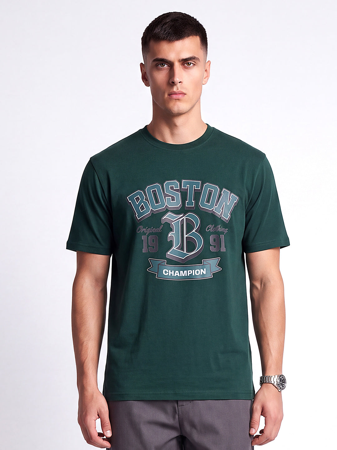 Green Boston Printed Regular Fit T-Shirt