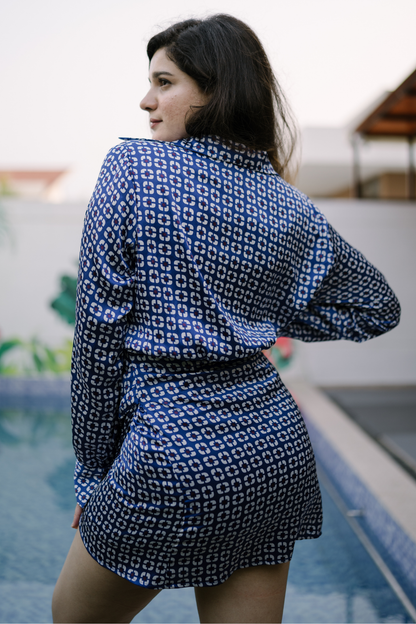 Blue satin shirt dress