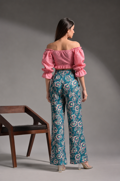 Pink gingham top floral trouser combo