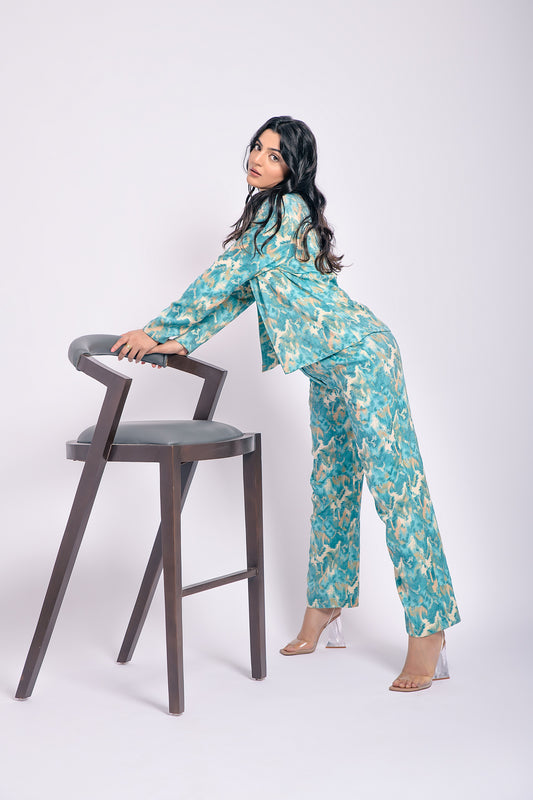Turquoise printed 3 piece co ord set