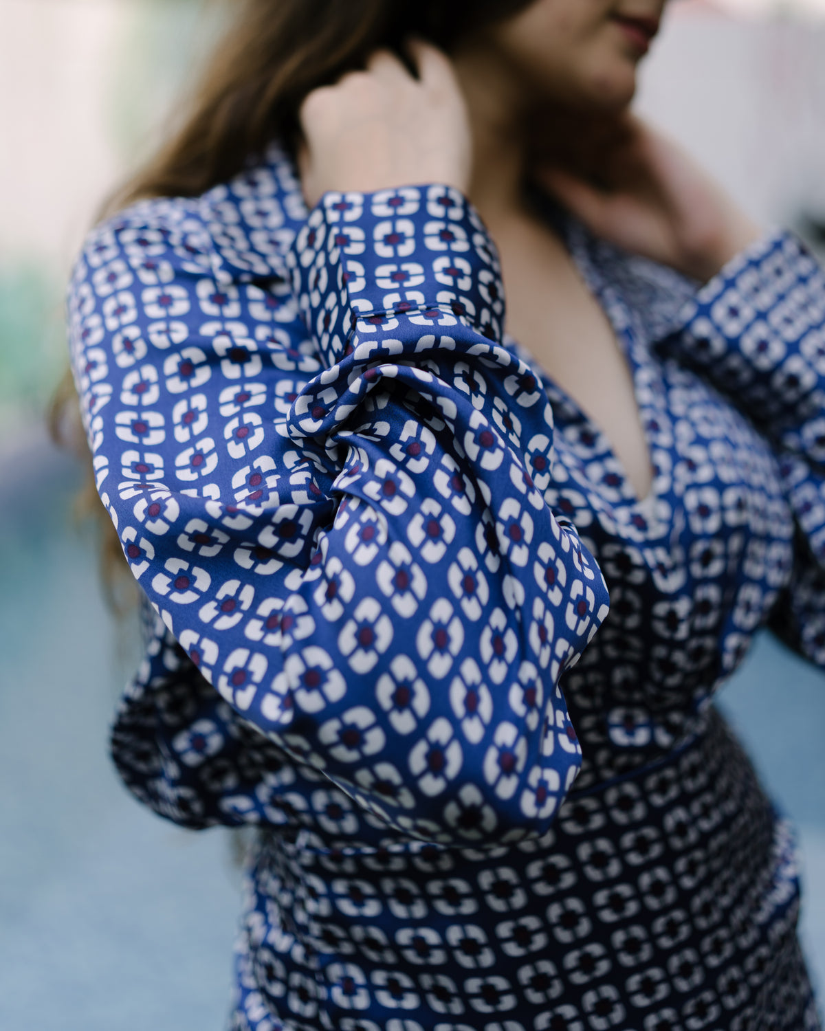 Blue satin shirt dress