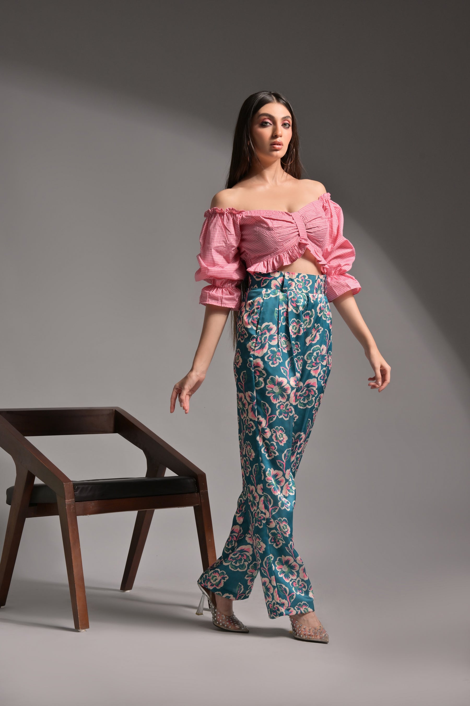 Pink gingham top floral trouser combo