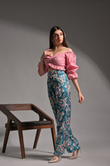 Pink gingham top floral trouser combo