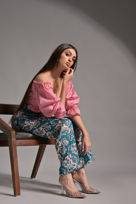 Pink gingham top floral trouser combo